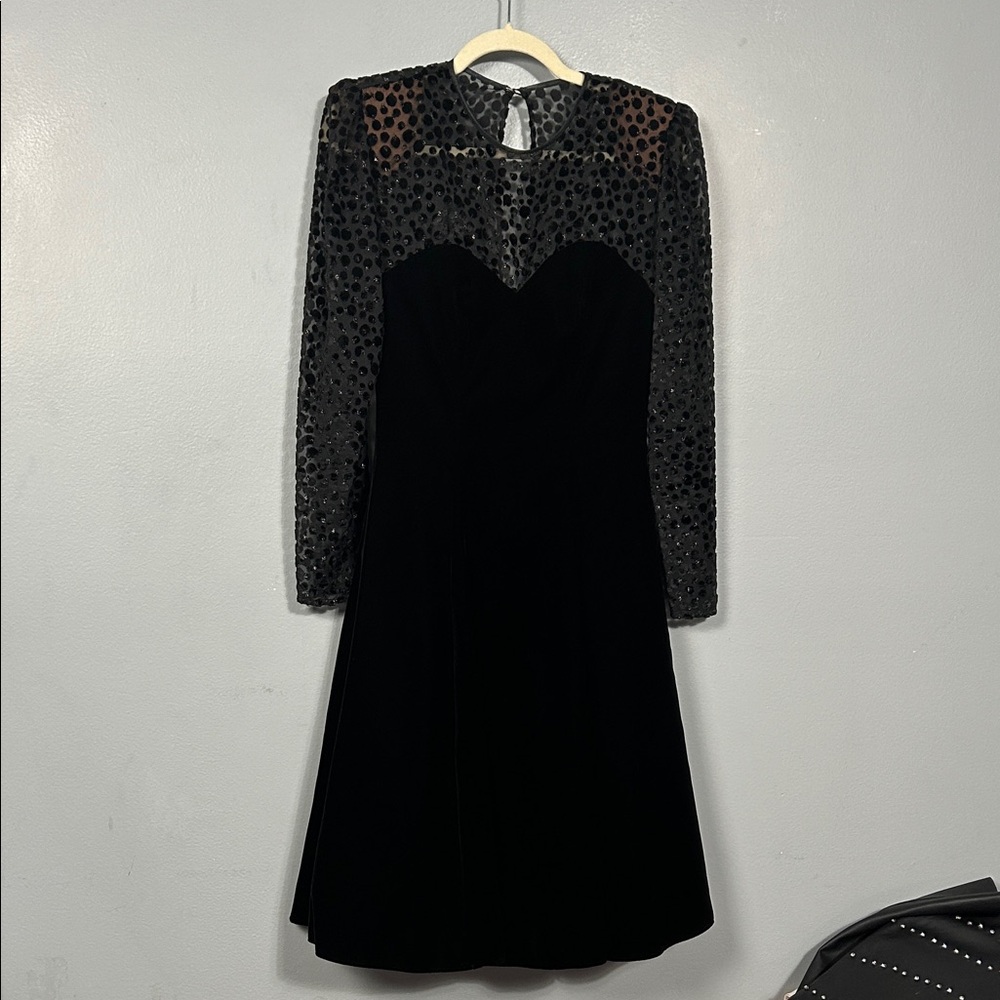 Vintage Niki Black Velvet A- line cocktail dress with dotted mesh chest size 6
